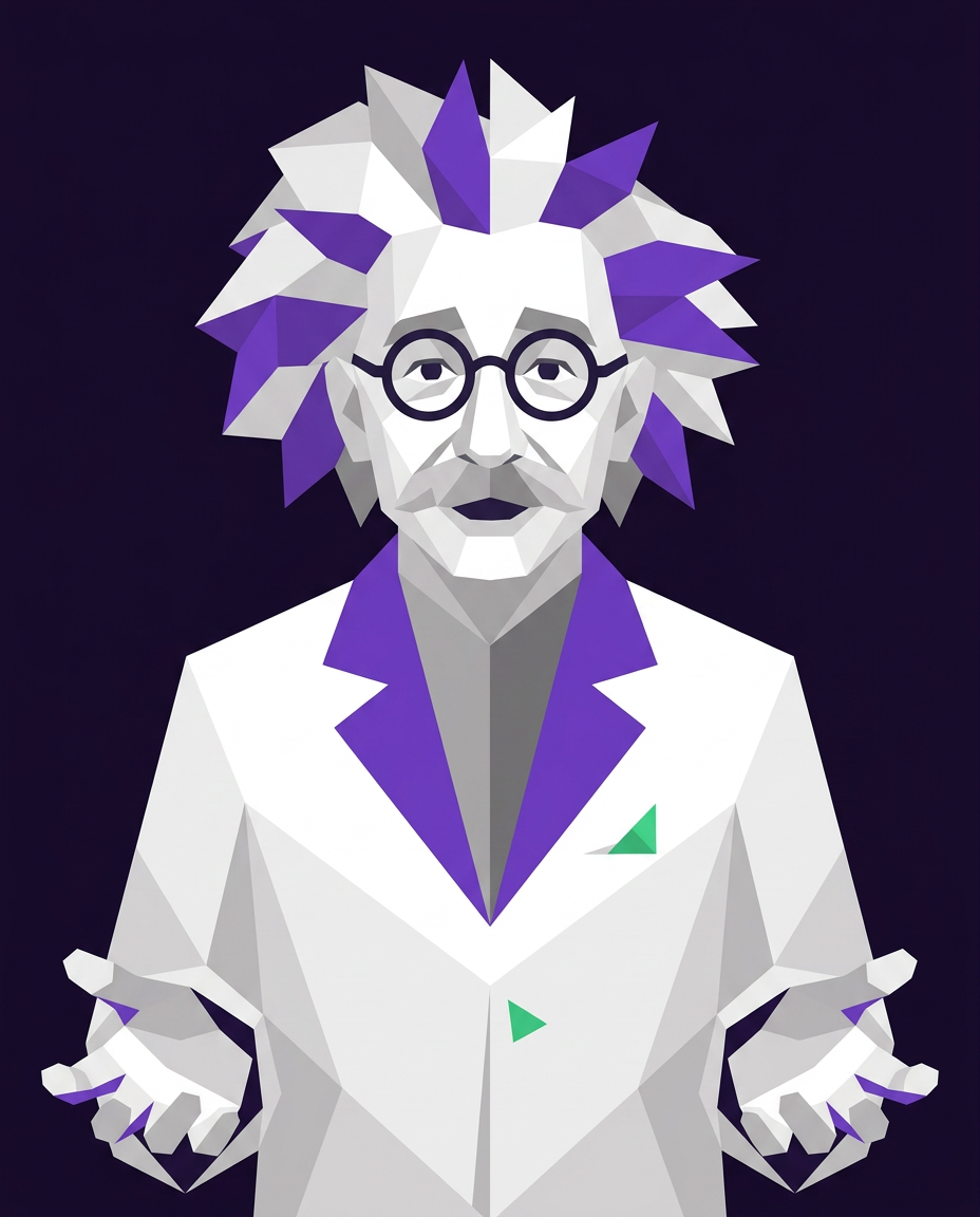Retrato low-poly em fundo roxo escuro: o professor Laércio de meio corpo, figura facetada em branco e cinza-claro, cabelo volumoso em picos triangulares roxos, óculos redondos escuros, bigode e jaleco branco de lapela roxa, olhando para quem vê.